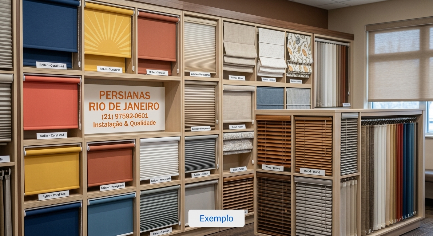 Mostruário ilustrativo com diferentes modelos e cores de persianas