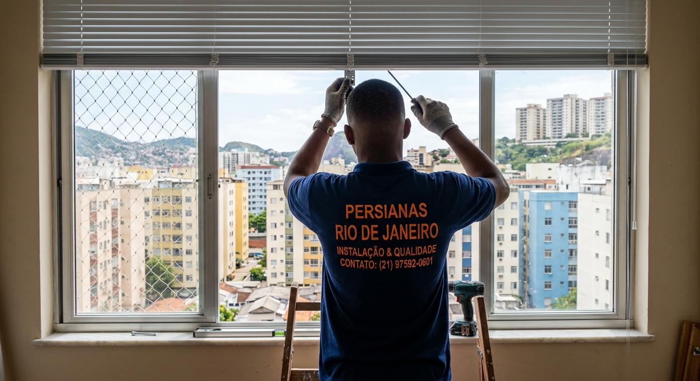 Cena ilustrativa de profissional instalando uma persiana no Rio de Janeiro